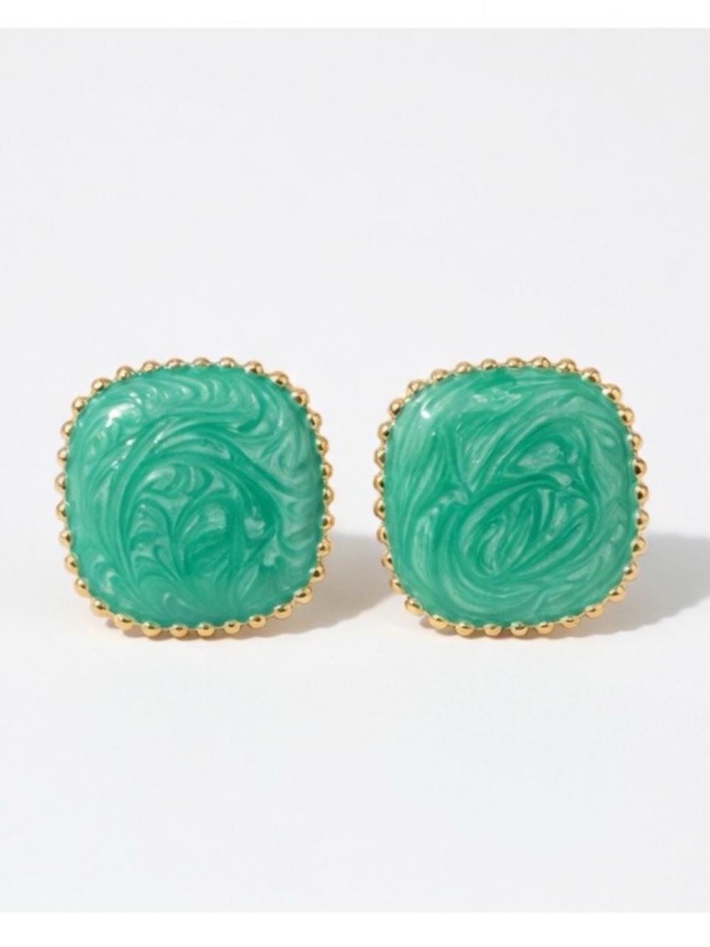 Oversized Square Green Swirl Enamel Stud Earrings w Scalloped Edge - Renewed